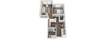 A top-down view of a small apartment with a bedroom, living room, and bathroom.