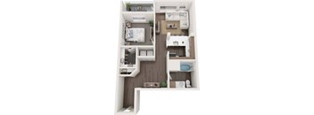 A 3D floor plan of a small apartment with a kitchen, living room, bedroom, and bathroom.