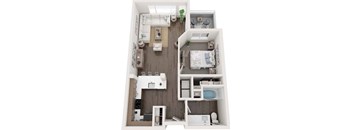 A 3D floor plan of a small apartment with a bedroom, living room, and bathroom.
