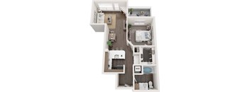 A top-down view of a small apartment with a living room, kitchen, and bedroom.