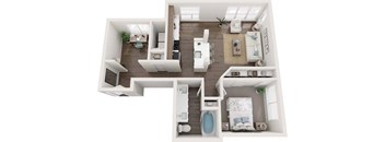 A top-down view of a modern, well-lit, and spacious apartment with a kitchen, living room, dining area, and bedroom.