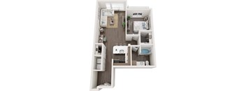 A 3D floor plan of a small apartment with a kitchen, living room, and bathroom.