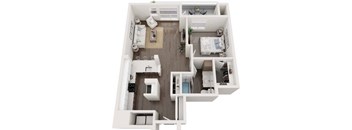 A top-down view of a small apartment with a kitchen, living room, and bedroom.