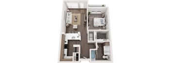 A top-down view of a small apartment with a kitchen, living room, and bathroom.