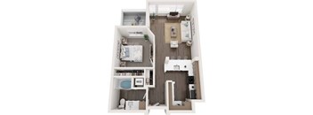A top-down view of a small apartment with a bedroom, living room, and bathroom.