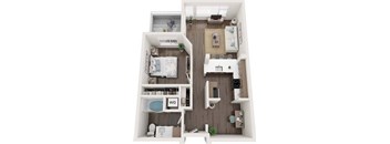A top-down view of a small apartment with a bedroom, living room, and kitchen.