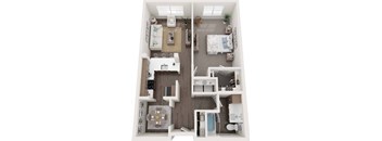 A top-down view of a small, well-organized apartment with a kitchen, living room, and bedroom.