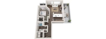 A top-down view of a small apartment with a kitchen, living room, and bedroom.