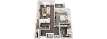 A 3D floor plan of a small apartment with a bedroom, living room, and bathroom.