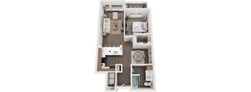 A top-down view of a small apartment with a kitchen, living room, and bathroom.