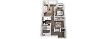 A top-down view of a small apartment with a bedroom, living room, and kitchen area.