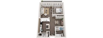 A dollhouse with a white and brown color scheme has a kitchen, living room, and two bedrooms.