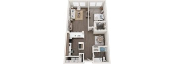 A top-down view of a small apartment with a kitchen, living room, and bathroom.
