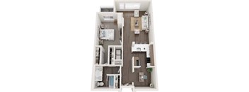 A top-down view of a small apartment with a bedroom, living room, and kitchen.