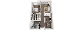 A top-down view of a small apartment with a bedroom, living room, and kitchen.