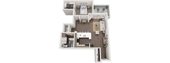 A top-down view of a small apartment with a bedroom, living room, kitchen, and bathroom.