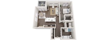 A top-down view of a small, well-organized apartment with a kitchen, living room, and bedroom.