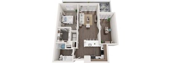 A top-down view of a small apartment with a bedroom, living room, and kitchen.