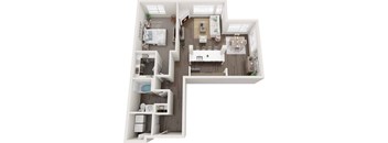 A top-down view of a modern apartment with a kitchen, living room, and bedrooms.