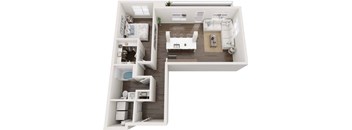 A top down view of a small apartment with a kitchen, living room, and bathroom.