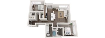 A top-down view of a small apartment with a kitchen, living room, and bathroom.