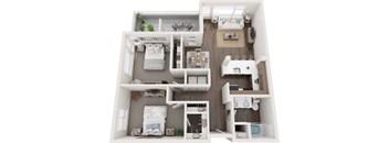 A top-down view of a small apartment with a bedroom, living room, kitchen, and bathroom.