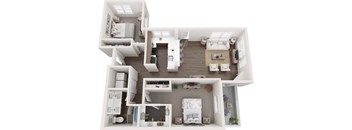 A 3D floor plan of a small apartment with a kitchen, living room, and two bedrooms.