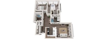 A 3D floor plan of a small apartment with a bedroom, living room, and bathroom.