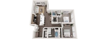 A 3D floor plan of a small apartment with a kitchen, living room, and bathroom.