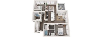 A 3D floor plan of a small apartment with two bedrooms, a living room, a kitchen, and a bathroom.
