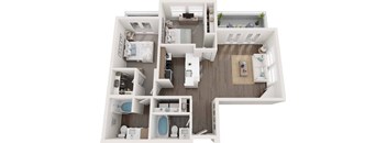 A top-down view of a small apartment with a bedroom, bathroom, kitchen, and living room.
