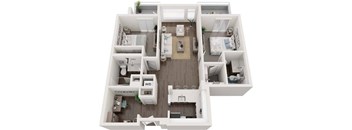 A top-down view of a small apartment layout with a kitchen, living room, and bedrooms.
