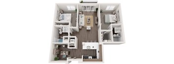A top-down view of a small apartment with a kitchen, living room, and bedroom.