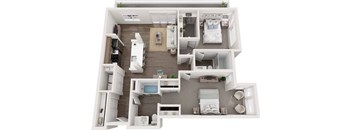 A 3D floor plan of a small apartment with two bedrooms, a living room, and a kitchen.