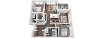A top-down view of a small apartment with a kitchen, living room, and bathroom.