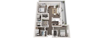 A top-down view of a small apartment with a kitchen, living room, and bedroom.