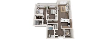 A detailed 3D floor plan of a small apartment with a kitchen, living room, and bathroom.