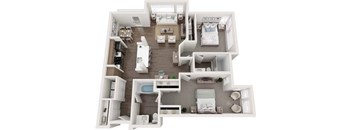 A top-down view of a small apartment with a kitchen, living room, and bedroom.