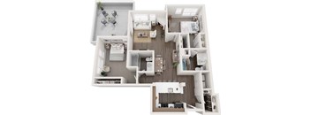 A top-down view of a house layout with a living room, kitchen, and bedrooms.