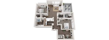 A top-down view of a house layout with a kitchen, living room, and bedrooms.