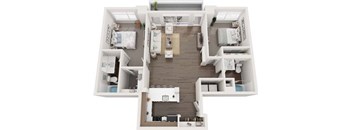 A top-down view of a small, well-organized apartment with a kitchen, living room, and bedrooms.