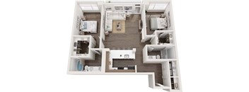 A top-down view of a modern apartment layout with a kitchen, living room, and bedrooms.