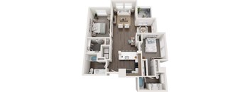 A top-down view of a small apartment with a kitchen, living room, and bedroom.