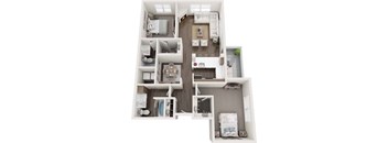 A top-down view of a modern apartment layout with a kitchen, living room, and bedrooms.
