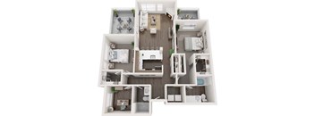 A detailed 3D floor plan of a modern apartment layout.