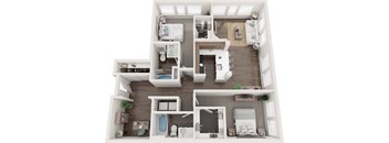 A top-down view of a modern, white-walled, multi-level home interior.