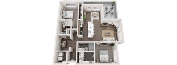 A top-down view of a small apartment with a kitchen, living room, and bedroom.