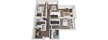 A top-down view of a small apartment with a kitchen, living room, and bedroom.