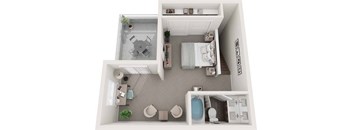 A top-down view of a small apartment with a kitchen, living room, and bathroom.