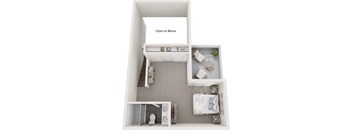 A diagram of a small apartment with a bedroom, bathroom, and kitchen.